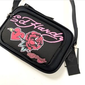 Ed Hardy Crossbody Bag Black Rose Tattoo Print Y2K Punk Rock Heart Logo NWT